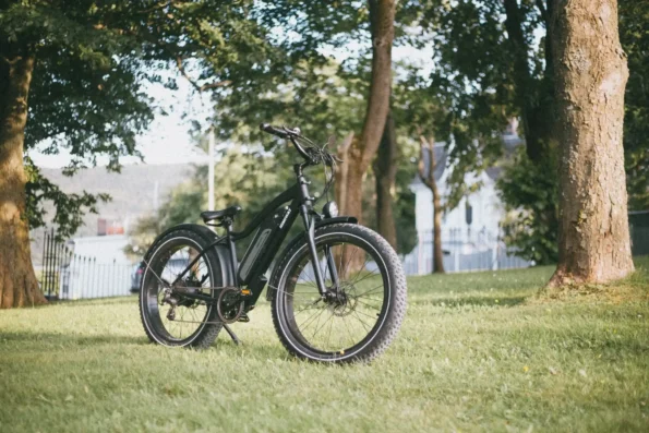 Une photographie en lumière naturelle montre un fatbike électrique noir de la marque Himiway, garé sur une pelouse verte dans un parc. Le vélo, équipé de très gros pneus tout-terrain à flancs blancs, d'un phare avant et de garde-boue, est entouré de grands arbres feuillus. Un bâtiment blanc et une colline boisée sont visibles en arrière-plan.