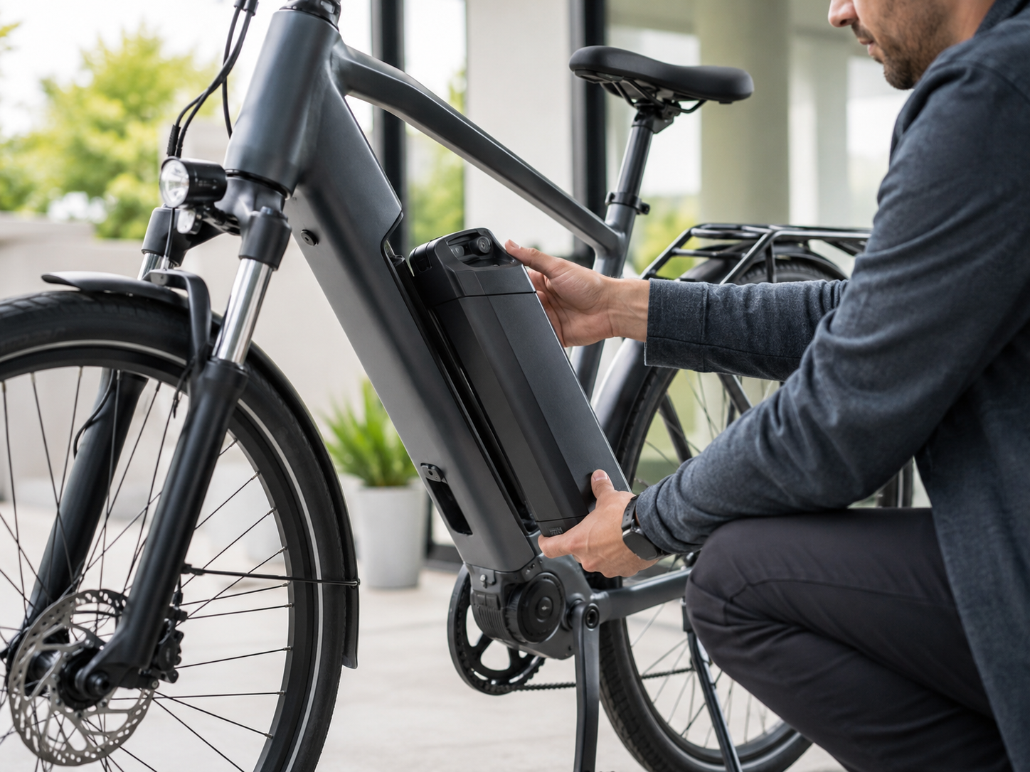 Personne retirant la batterie d’un vélo électrique pour l’entretenir, la recharger ou la remplacer en toute sécurité