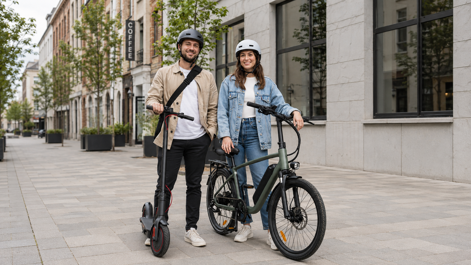 Deux utilisateurs en ville, l’un avec un fatbike électrique et l’autre avec une trottinette électrique, pour comparer ces deux moyens de transport