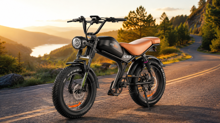 Emoko C93, vélo électrique adulte à pneus larges, posé sur une route panoramique au coucher du soleil.