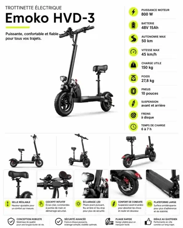 Spécifications Techniques et Infographie Trottinette Électrique EMOKO HVD-3 Infographie EMOKO HVD-3 : Trottinette 800W, batterie 48V 15Ah, aut. 50km, vit. 45km/h. Freins disq, susp, LED, cockpit, plateforme. (139 caractères)