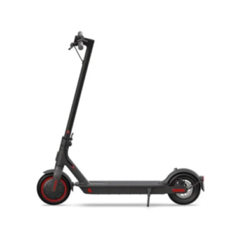 Trottinette électrique HT-T4 Pro noire et rouge présentée de profil sur fond blanc, modèle pliable pour trajets urbains.