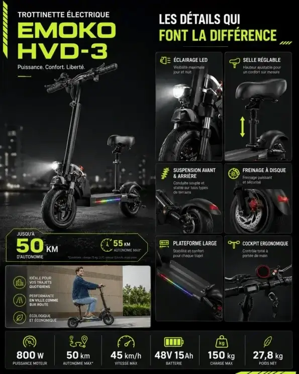 Trottinette Électrique Puissante EMOKO HVD-3 : Fiche Technique et Caractéristiques Clés Infographie détaillée de la trottinette électrique EMOKO HVD-3 avec selle : moteur 800W, autonomie 50km, vitesse 45km/h, batterie 48V 15Ah. Présentation des freins à disque, suspension et éclairage LED.