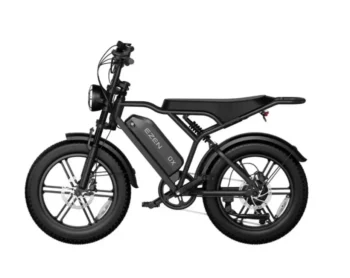 Vélo électrique Ezen OX noir avec pneus larges Fat, batterie intégrée au cadre, double suspension et selle longue.