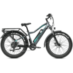 Vélo électrique Jobobike Robin gris et turquoise présenté de profil sur fond blanc, avec pneus fatbike 26x4, suspension avant, garde-boue et porte-bagages arrière.