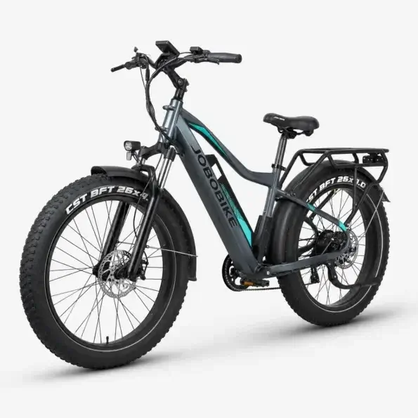 Vélo électrique Fat Bike JOBOBIKE Robin – Puissance et Robustesse Vue arrière trois-quarts du vélo électrique fat bike JOBOBIKE Robin gris foncé avec pneus larges tout-terrain, feux et porte-bagages, sur fond blanc.