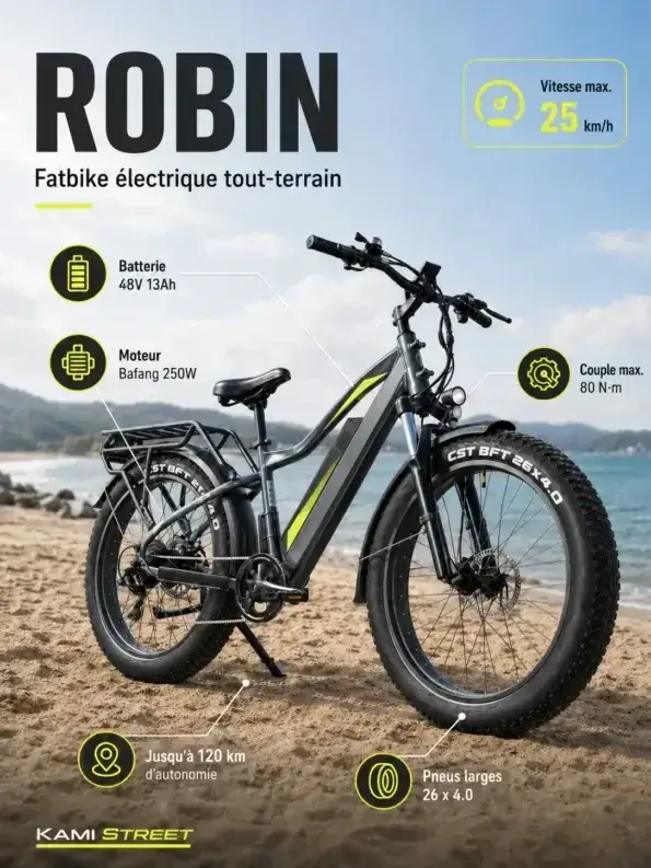 Fatbike électrique Jobobike Robin : caractéristiques techniques et autonomie Infographie du fatbike électrique Jobobike Robin sur la plage, détaillant ses spécifications : moteur Bafang 250W, batterie 48V 13Ah, couple 80 N·m et autonomie de 120 km.