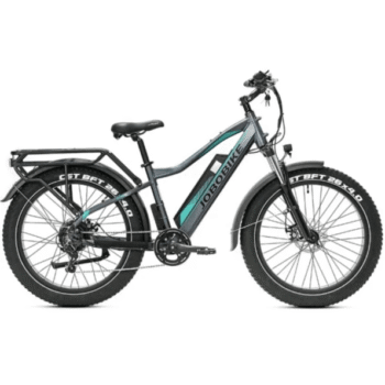 Vélo électrique Jobobike Robin gris et turquoise présenté de profil sur fond blanc, avec pneus fatbike 26x4, suspension avant, garde-boue et porte-bagages arrière.