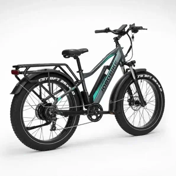 Vélo électrique Fat Bike Jobobike Robin : vue arrière et design robuste Vue arrière trois-quarts du vélo électrique Jobobike Robin gris foncé, équipé de larges pneus tout-terrain, d'un porte-bagages arrière et de garde-boue, présenté sur fond blanc.