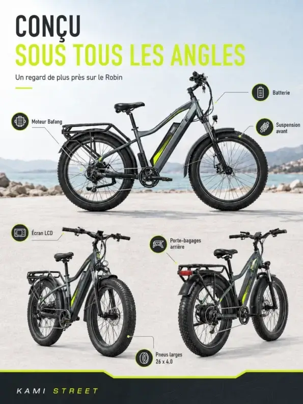 Détails techniques du fatbike électrique Jobobike Robin : vue sous tous les angles Infographie montrant le fatbike électrique Jobobike Robin sous plusieurs angles avec annotations sur les composants : moteur Bafang, suspension avant, écran LCD, porte-bagages arrière et pneus larges 26x4.0.