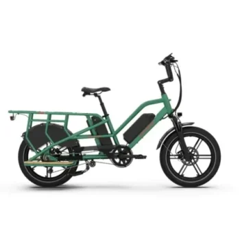 Vélo électrique cargo Jobobike Transer vert présenté de profil sur fond blanc, avec cadre allongé, double batterie, porte-bagages arrière et roues compactes.