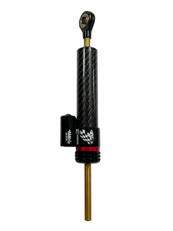 Amortisseur hydraulique noir effet carbone avec tige dorée pour trottinette électrique, présenté seul sur fond blanc.