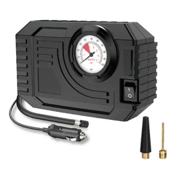 Compresseur électrique portable CARSUN C3011 noir avec manomètre, prise 12 V, tuyau de gonflage et embouts.