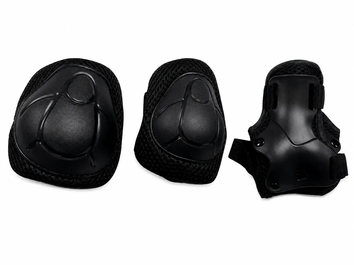 it de protections genoux et coudes pour vélo et trottinette électrique Kit de protections noires avec genouillères et coudières pour vélo et trottinette électrique, présenté sur fond blanc.