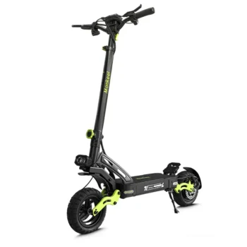 Vue d'ensemble de la trottinette électrique Mankeel off-road noire avec suspension double bras verte vive, pneus larges tout-terrain, phare avant LED et logo sur la potence, sur fond blanc isolé.