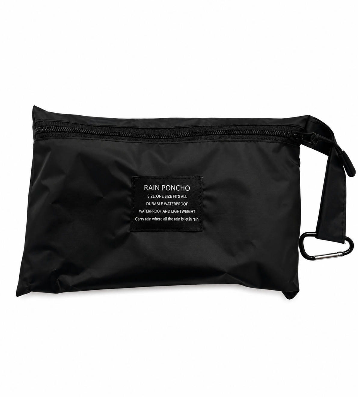 Poncho de pluie noir compact rangé dans sa pochette avec mousqueton.