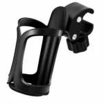 Porte-gobelet noir avec pince réglable pour guidon de trottinette électrique, vélo ou poussette, présenté sur fond blanc.