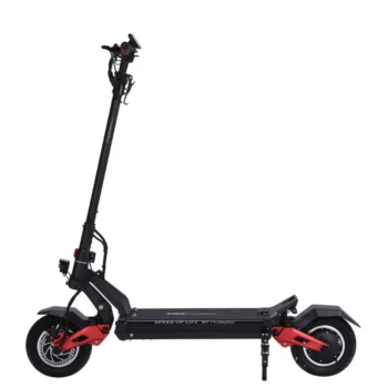 Vue de profil gauche d'une trottinette électrique Mini Walker Tiger 10 Pro puissante Inokim, de couleur noire avec des bras oscillants de suspension rouges vifs avant et arrière, des pneus tout-terrain larges, un phare avant, une béquille dépliée et le texte "SPEED UP LIFE BY INOKIM" sur le deck, sur un fond blanc isolé.