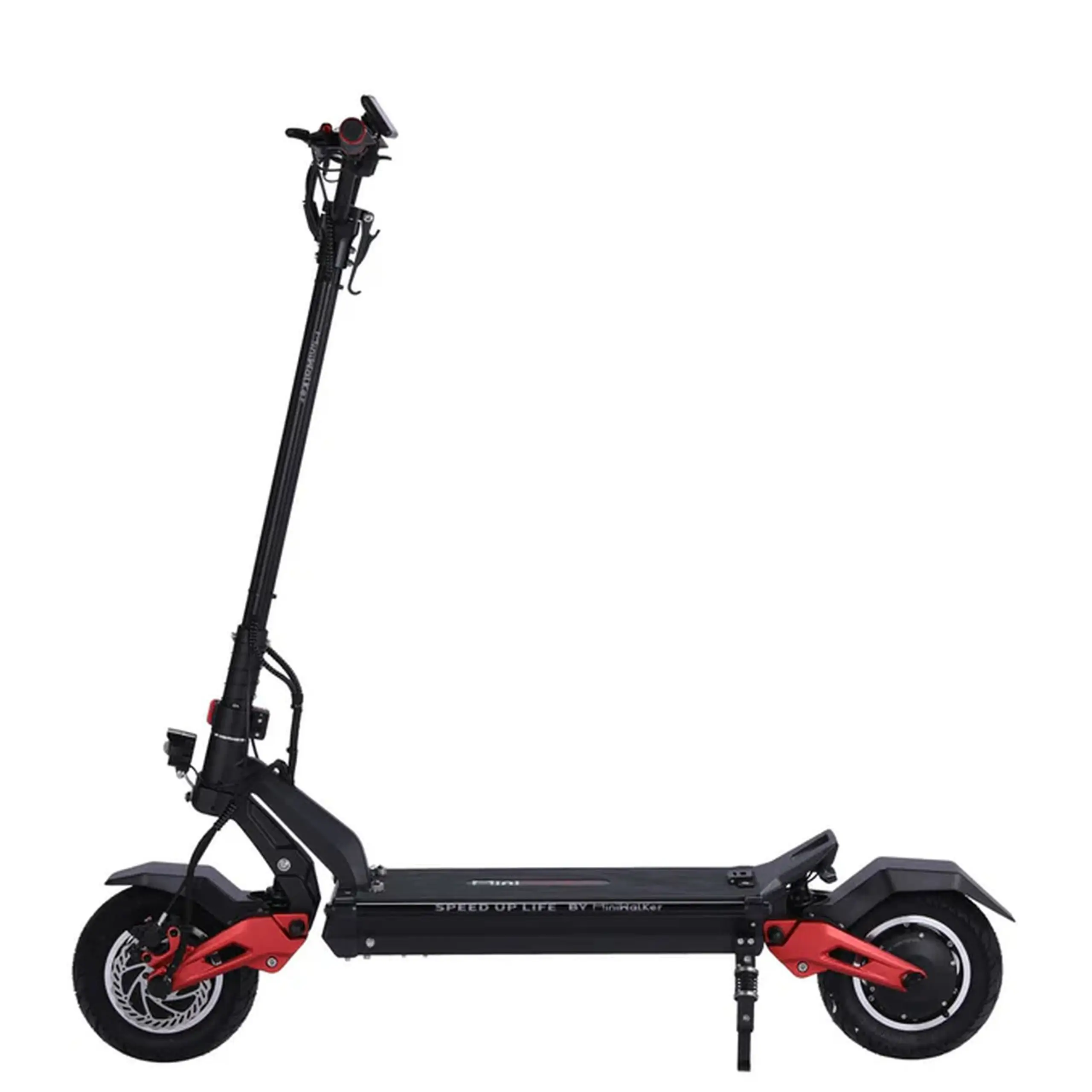 Trottinette-électrique-MiniWalker-Tiger-10-Pro Haute Performance Inokim Tout-Terrain Noir & Rouge Vue de profil gauche d'une trottinette électrique Mini Walker Tiger 10 Pro puissante Inokim, de couleur noire avec des bras oscillants de suspension rouges vifs avant et arrière, des pneus tout-terrain larges, un phare avant, une béquille dépliée et le texte "SPEED UP LIFE BY INOKIM" sur le deck, sur un fond blanc isolé.