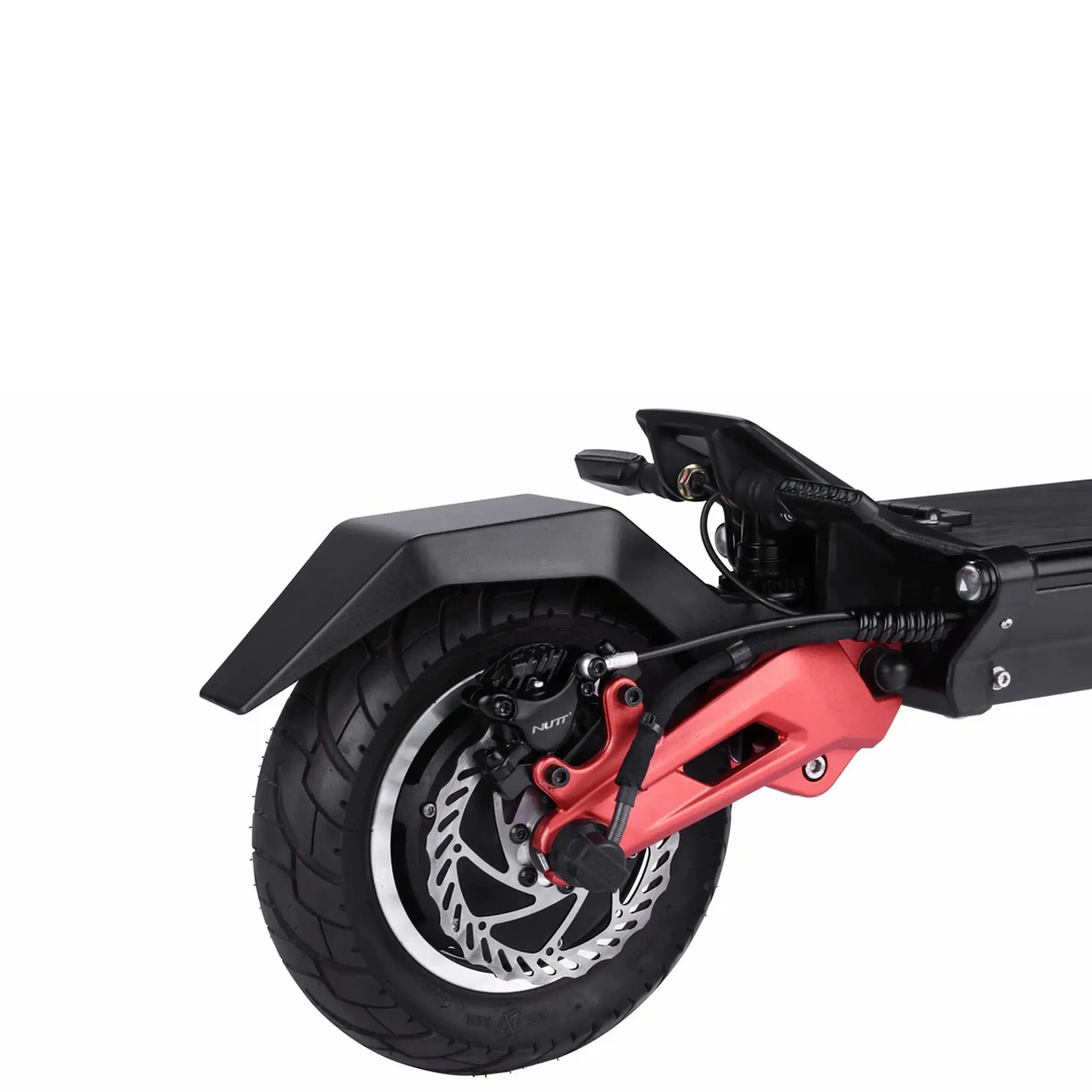 Frein à disque de la MiniWalker Tiger 10 Pro Gros plan sur la roue arrière, le frein à disque hydraulique et la suspension rouge de la trottinette électrique MiniWalker Tiger 10 Pro.