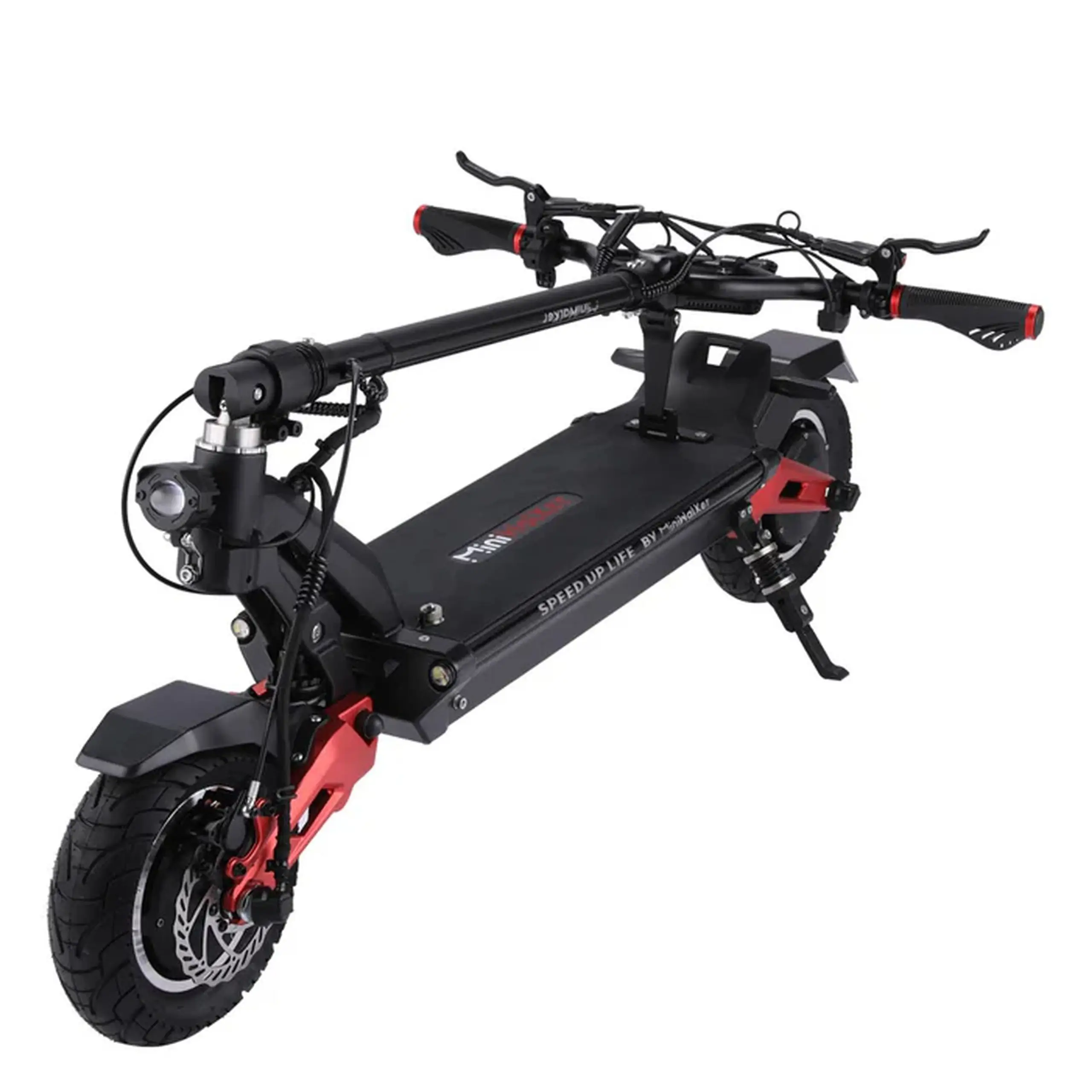 Trottinette électrique MiniWalker Tiger 10 Pro pliée Trottinette électrique MiniWalker Tiger 10 Pro noire et rouge en position pliée, avec doubles suspensions, freins à disque et pneus larges.