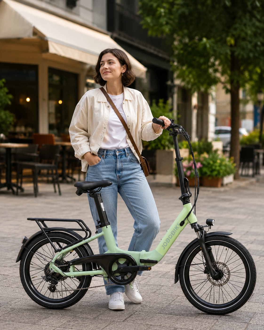 obobike-ace-pro-velo-electrique-femme-devant-cafe