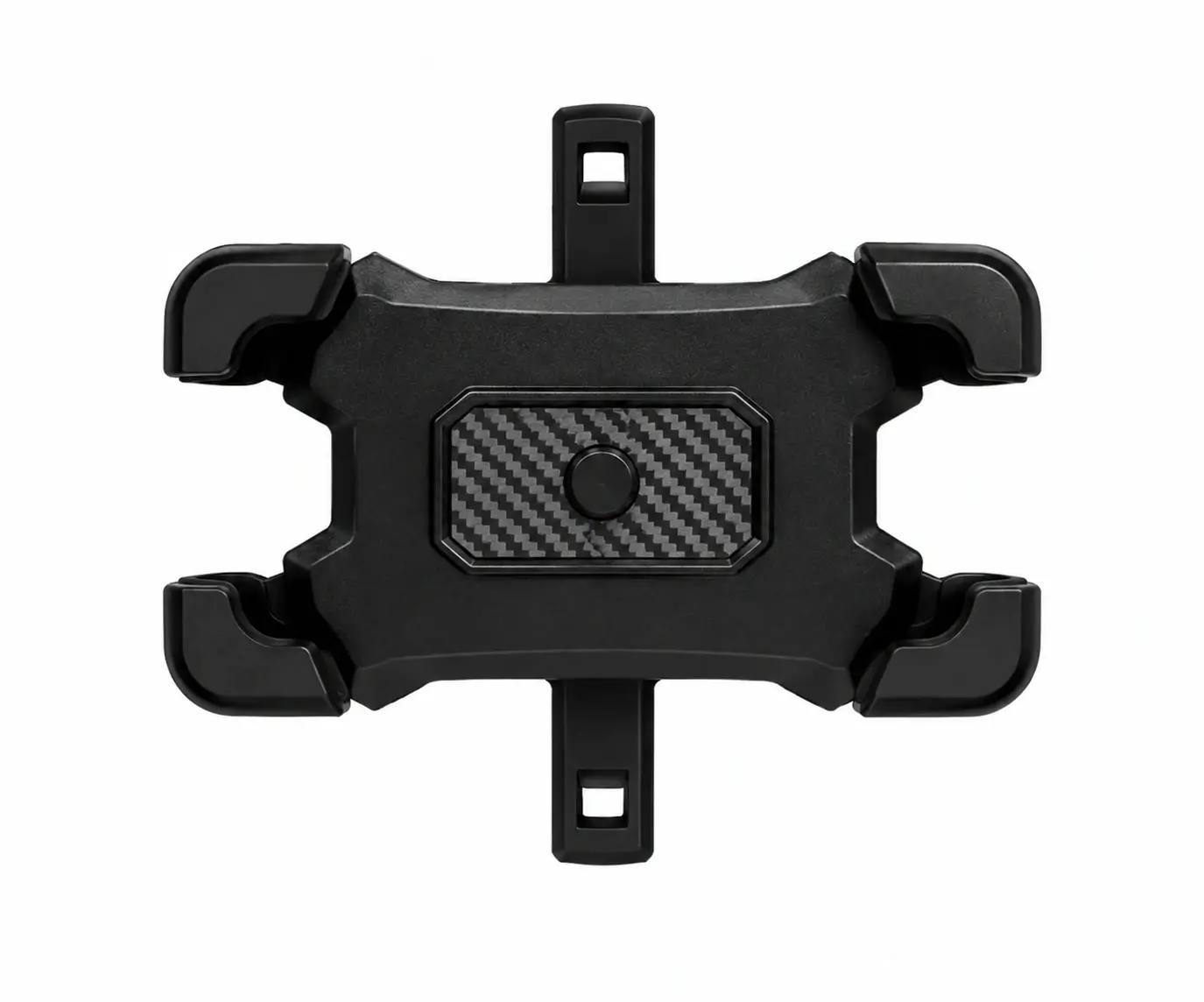 Support smartphone noir pour guidon de vélo et trottinette électrique Support smartphone noir à fixation réglable pour guidon de vélo ou de trottinette électrique, présenté de face sur fond blanc.